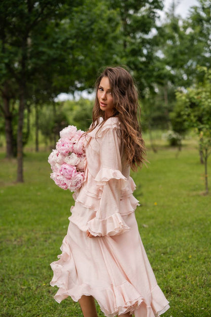 Long-Sleeve Chiffon Dress, Pearl