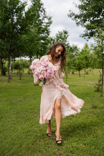 Long-Sleeve Chiffon Dress, Pearl