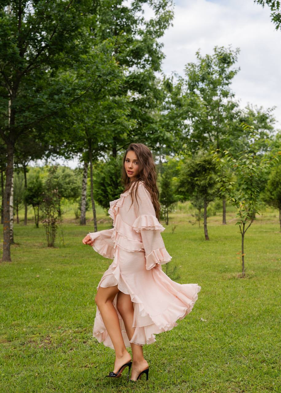 Long-Sleeve Chiffon Dress, Pearl