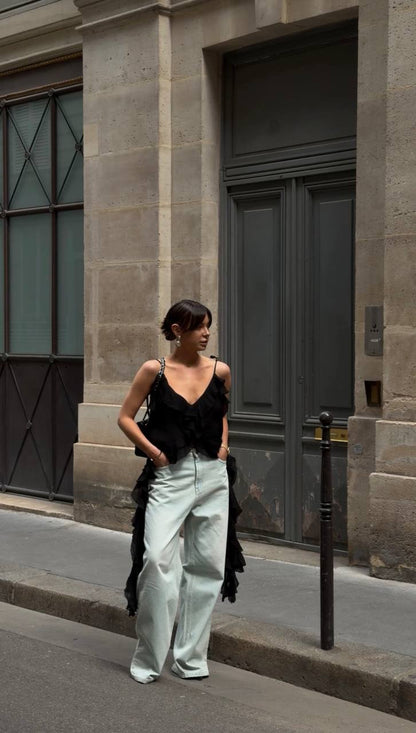 Chiffon Top with Ruches and Flounces, Black