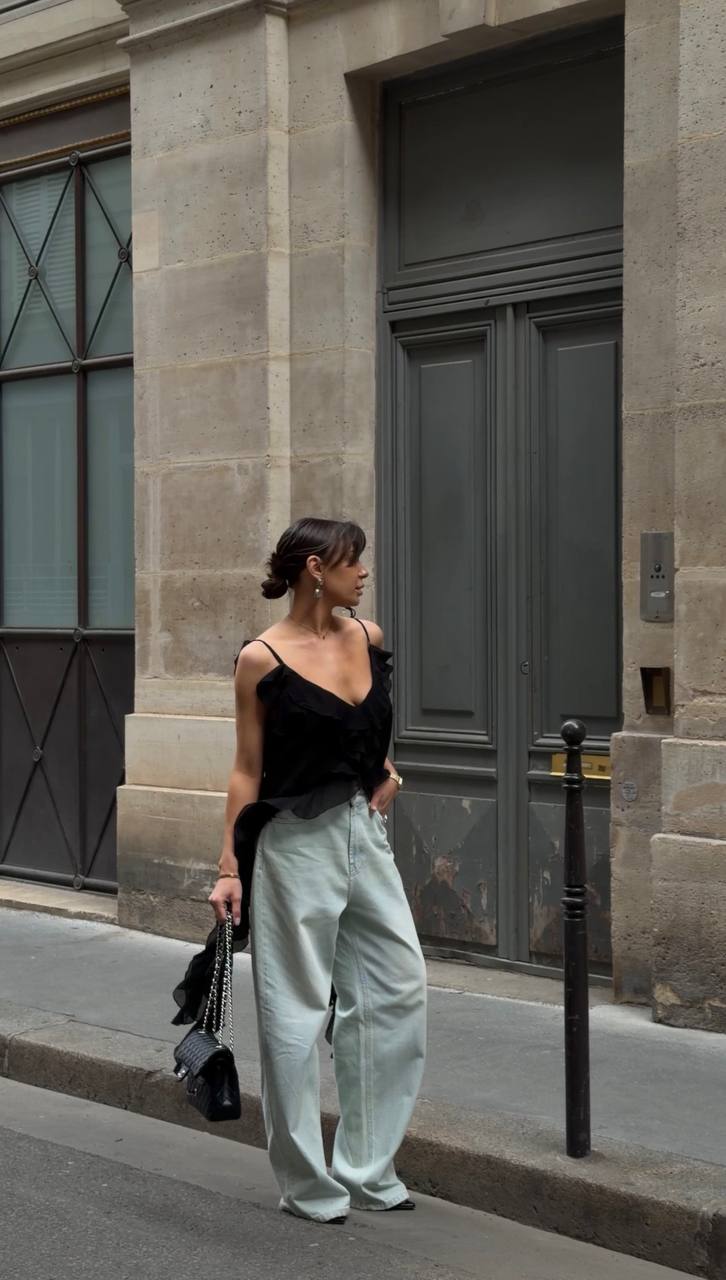 Chiffon Top with Ruches and Flounces, Black