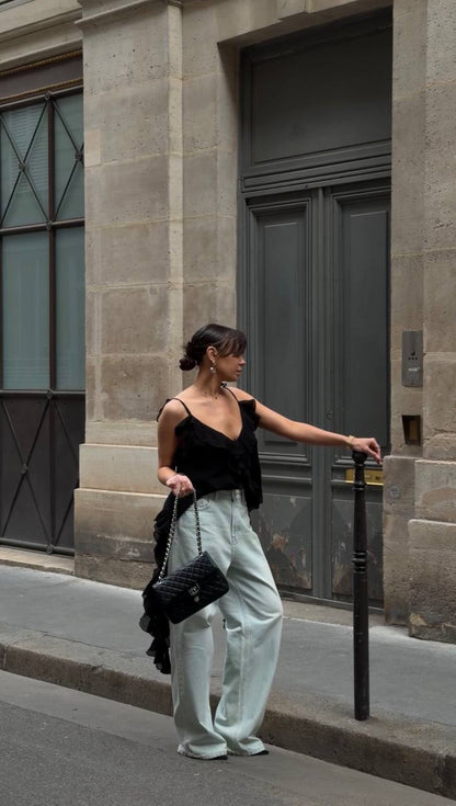 Chiffon Top with Ruches and Flounces, Black