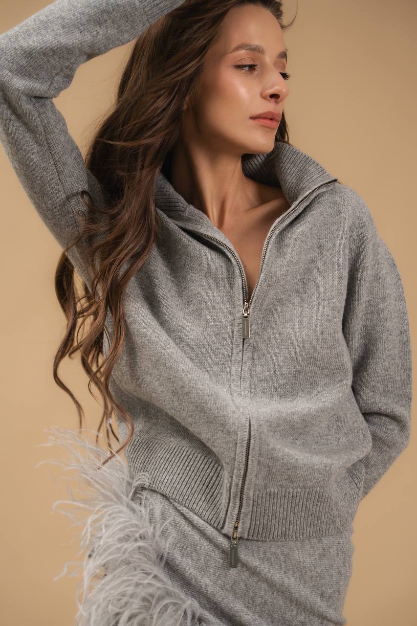 Lambswool Set: Fitted Zip-Up Cardigan and Feather-Trimmed Skirt — lifestyle — SHEVCHENKO