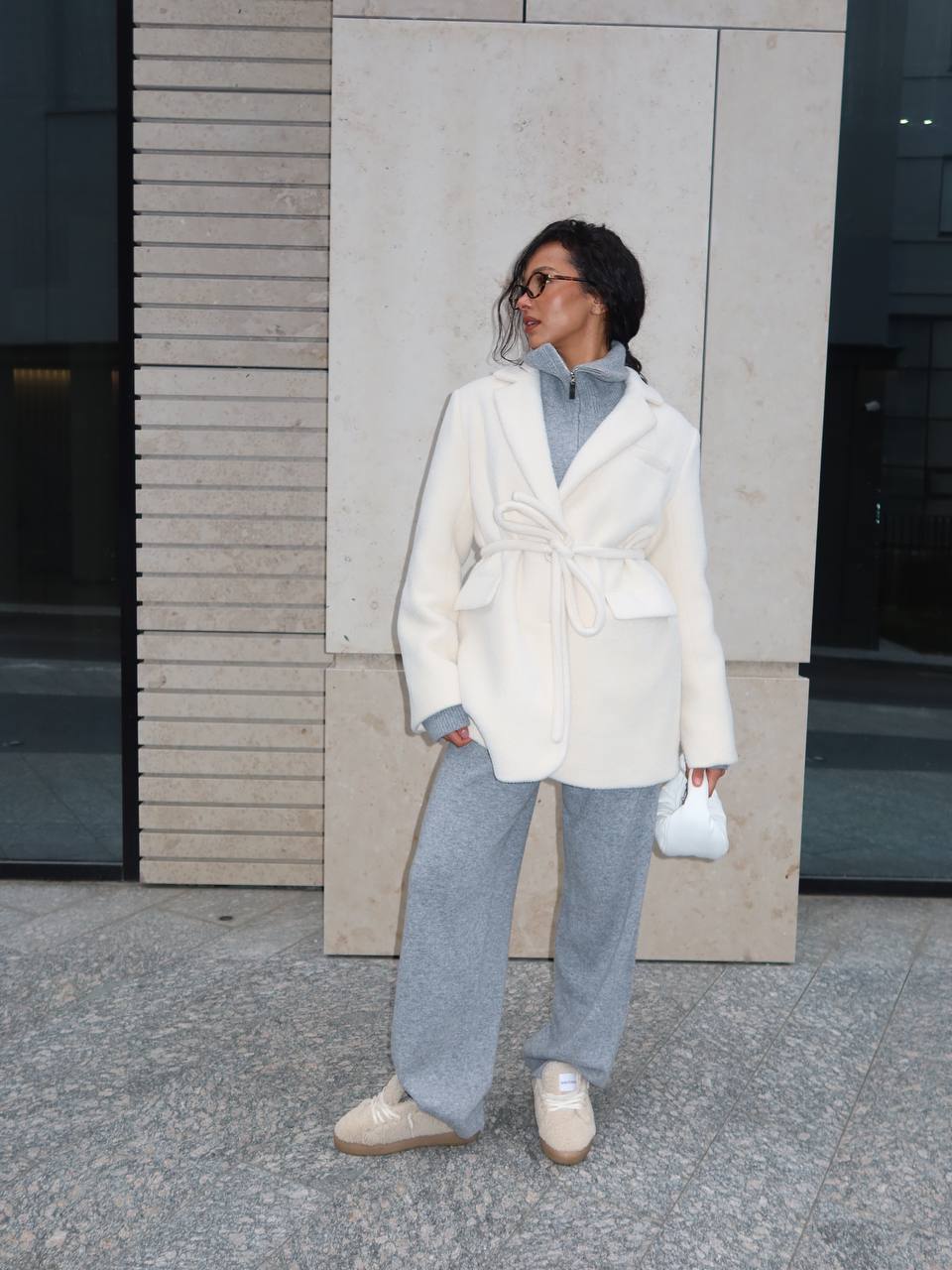 Textured Alpaca Wool Jacket, Milky — full length — SHEVCHENKO