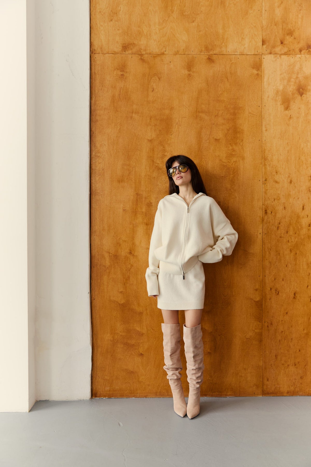 Lambswool Set: Zip-Up Cardigan and Skirt, Milky