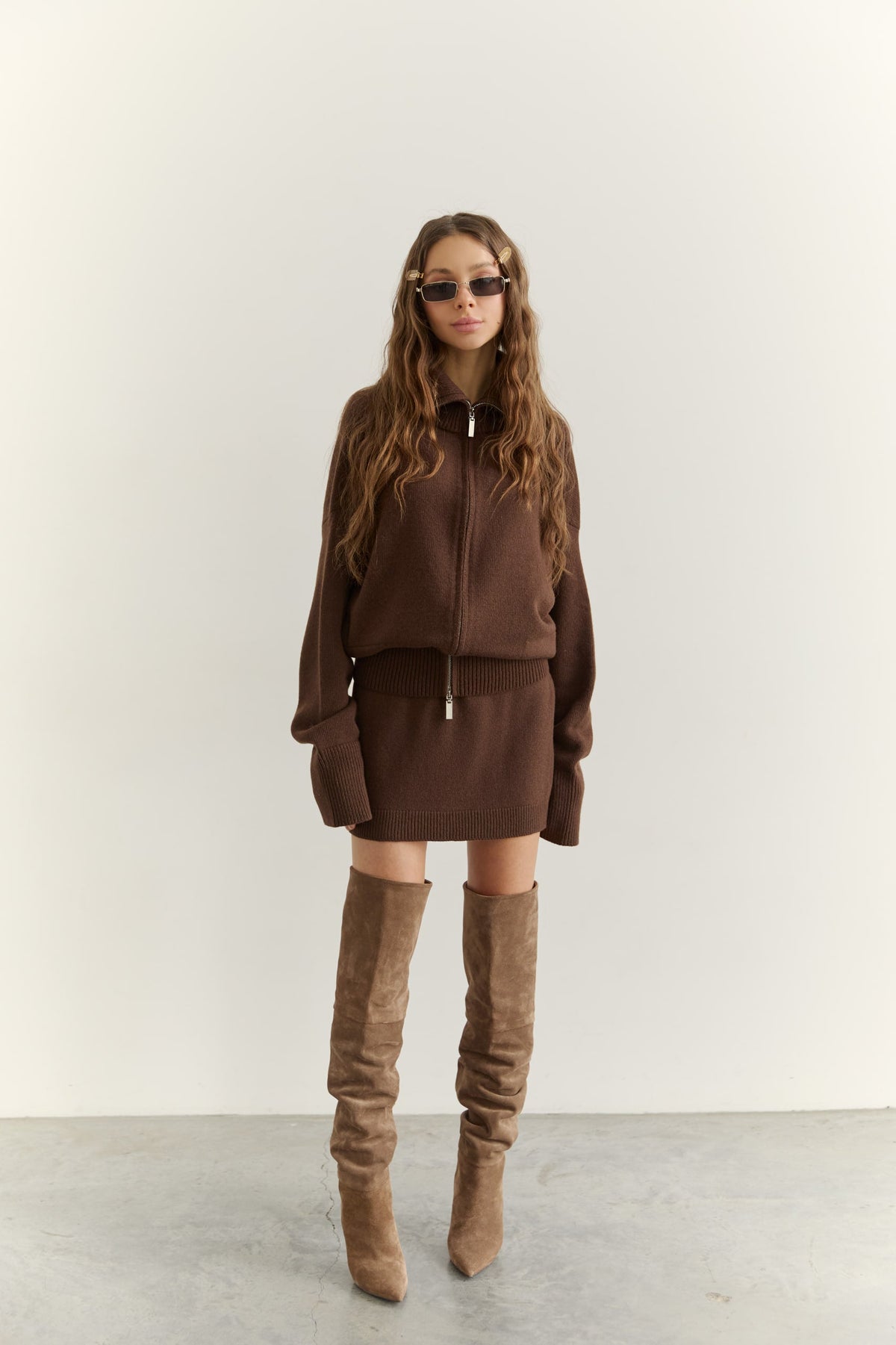 Lambswool Set: Zip-Up Cardigan and Skirt, Chocolate — front — SHEVCHENKO