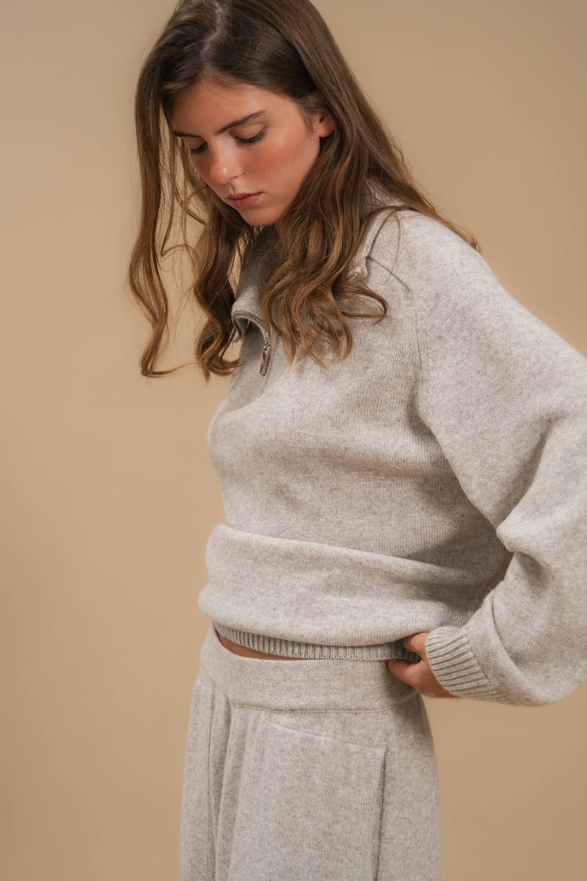 Lambswool Set: Zip-Neck Polo Sweater and Cuffed Trousers — detail — SHEVCHENKO