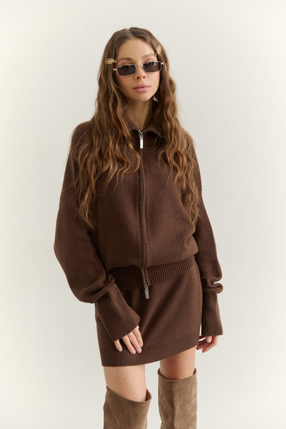 Lambswool Set: Zip-Up Cardigan and Skirt, Chocolate — detail — SHEVCHENKO