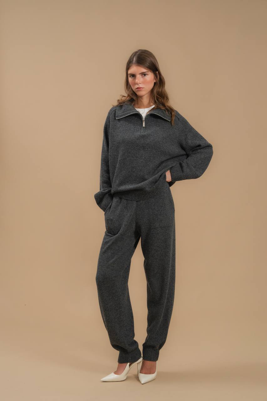 Lambswool Set: Zip-Neck Polo Sweater and Cuffed Trousers — full length — SHEVCHENKO