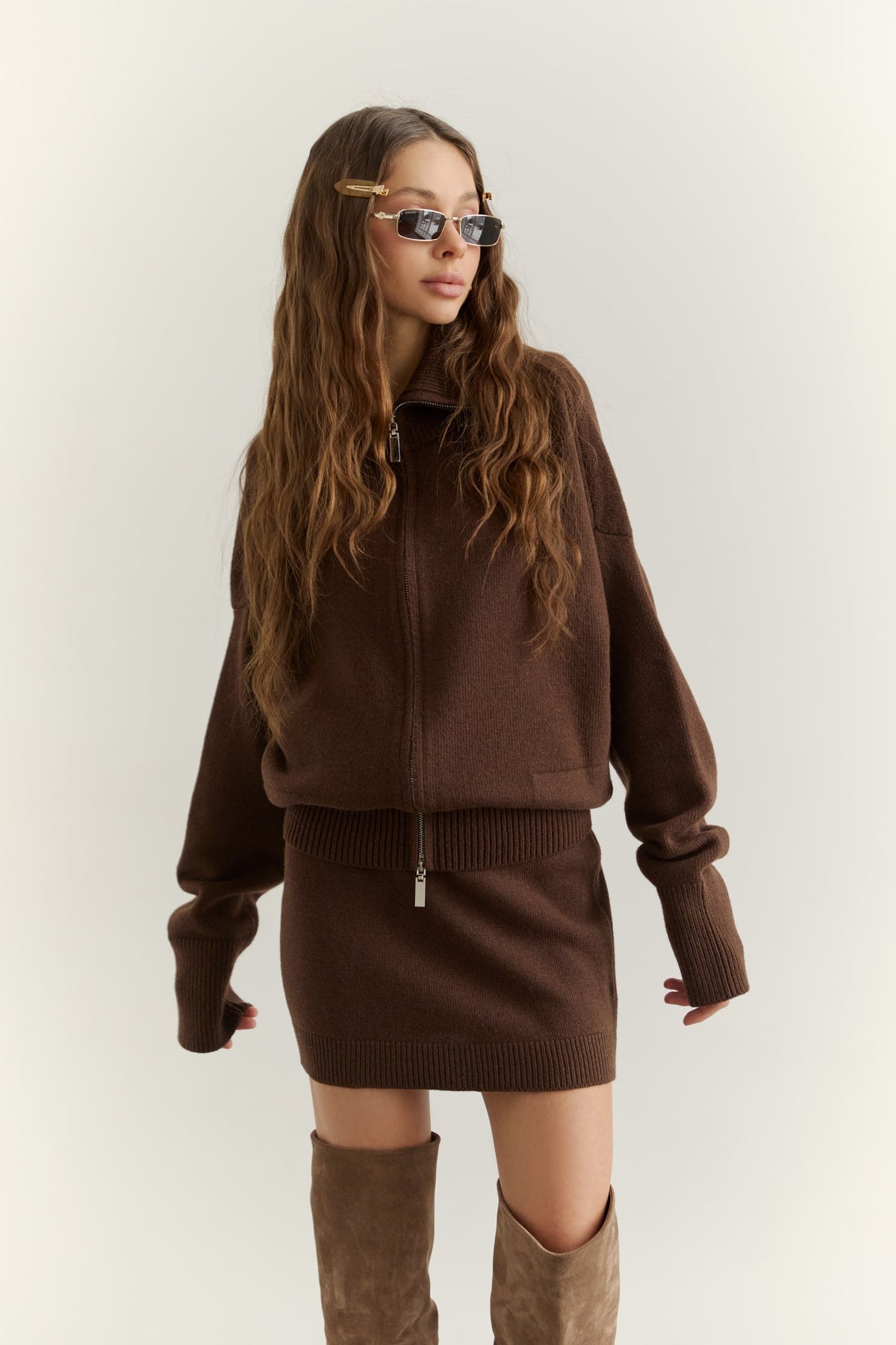Lambswool Set: Zip-Up Cardigan and Skirt, Chocolate — front — SHEVCHENKO