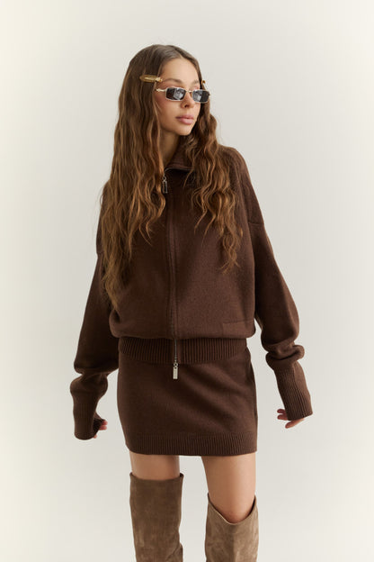 Lambswool Set: Zip-Up Cardigan and Skirt, Chocolate — front — SHEVCHENKO